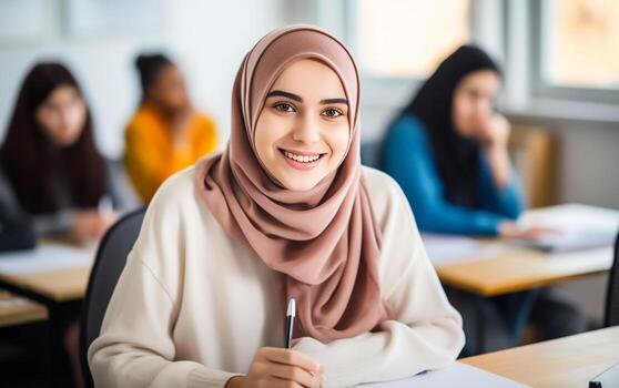 ai generated education concept happy smiling girl in hijab sitting at the desk in the classroom photo
